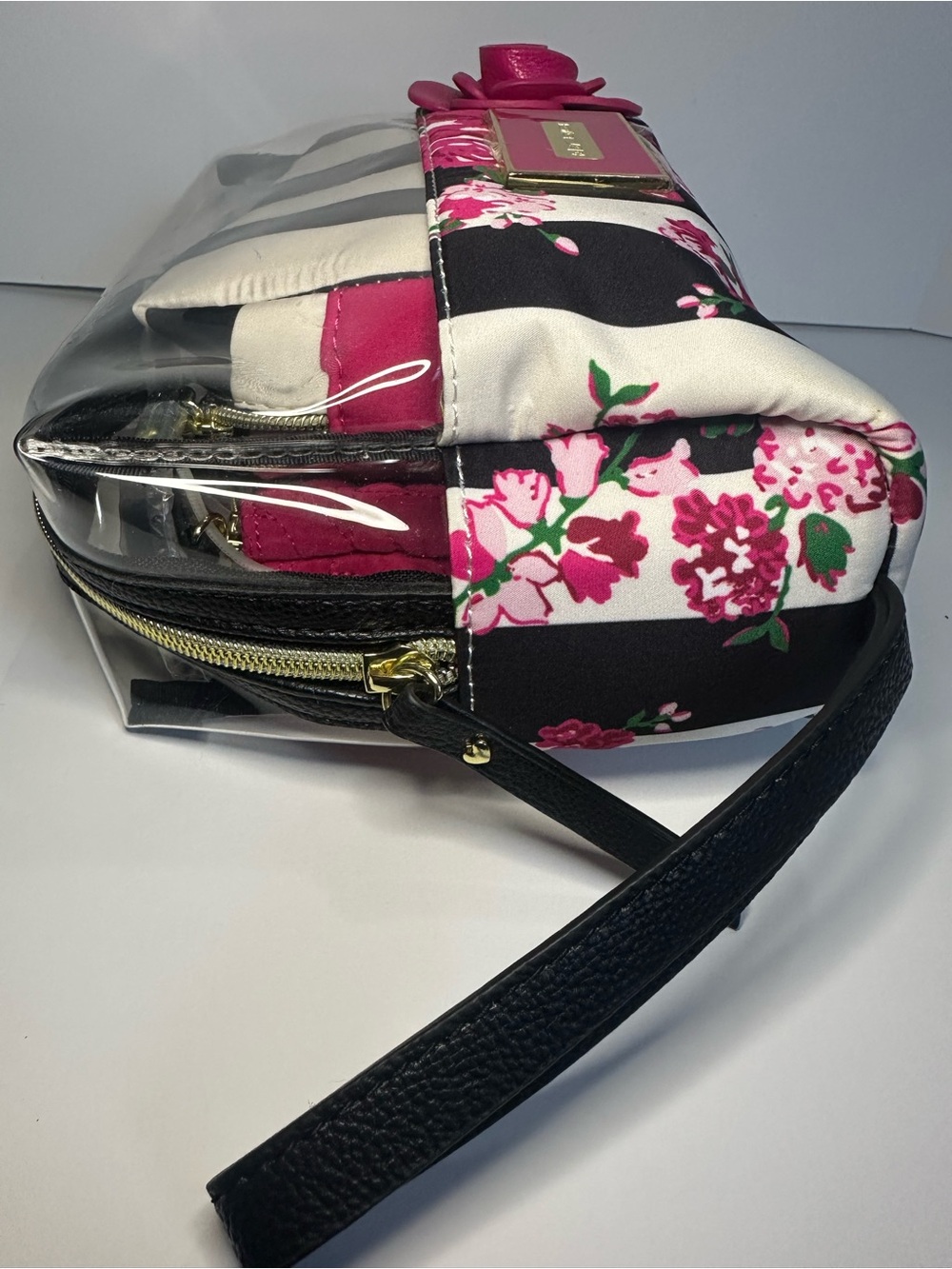 Betsey Johnson 3 Piece Travel Cosmetic Bag Set Pink Floral Black & White Stripe - Picture 4 of 10